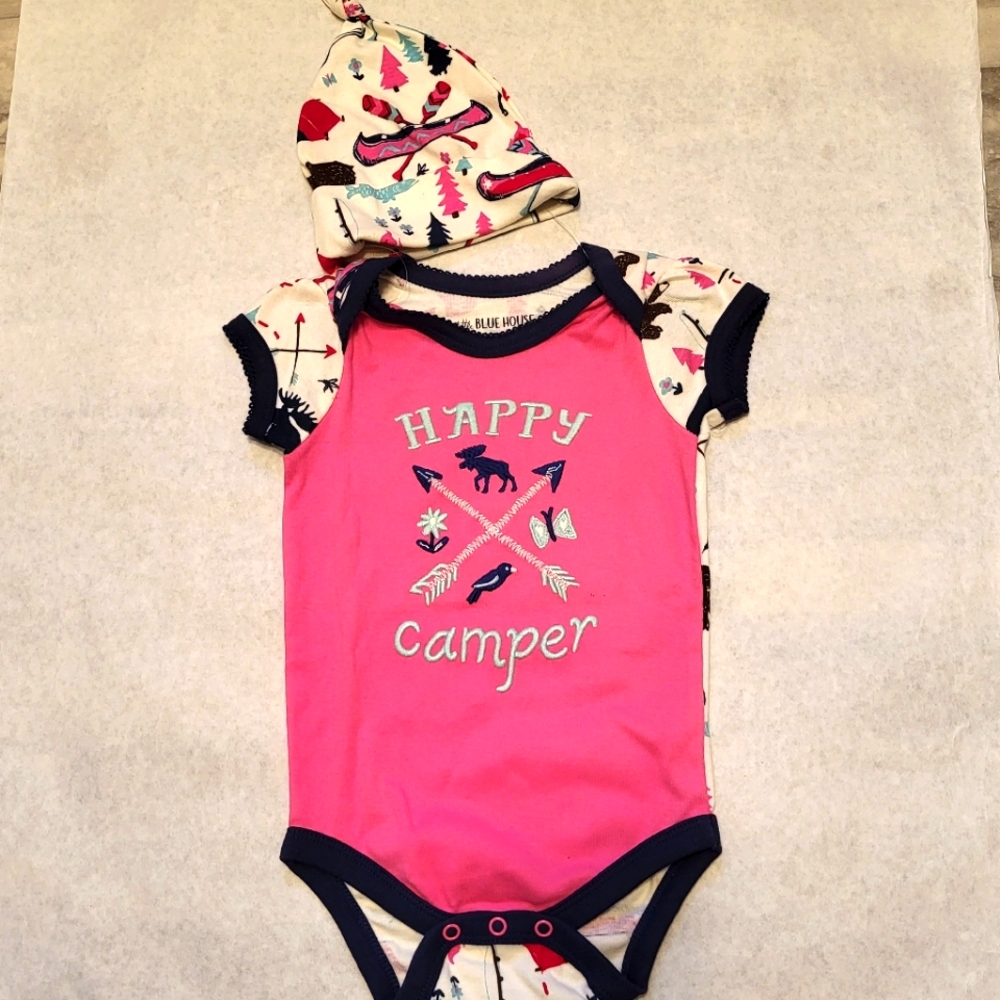 NWOT little Blue House "Happy Camper" onesie/bodysuit with matching baby hat